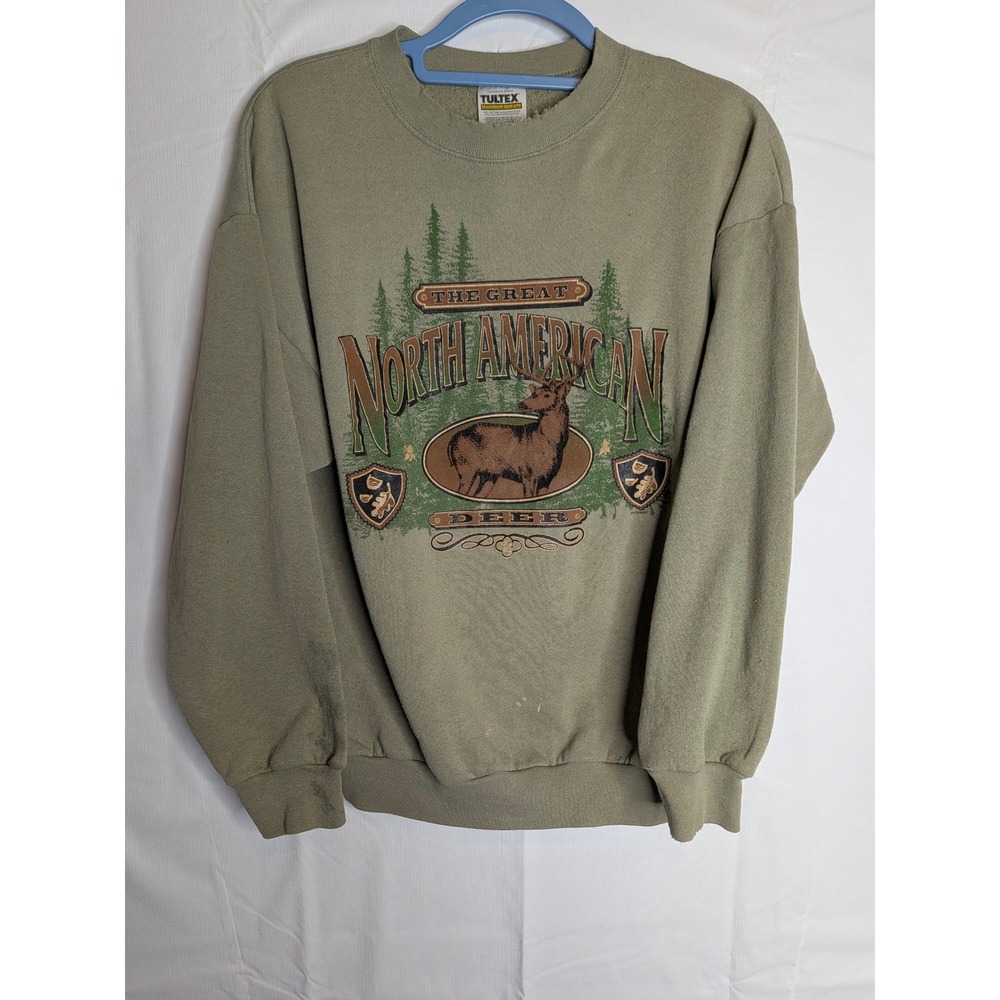 Vintage Tultex North American Deer Graphic Sweatshirt Mens Large Olive Green 90s